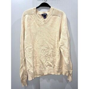 Lands End V Neck Sweater Neutral Cream Cotton Chunky Knit Mens L Preppy Heritage